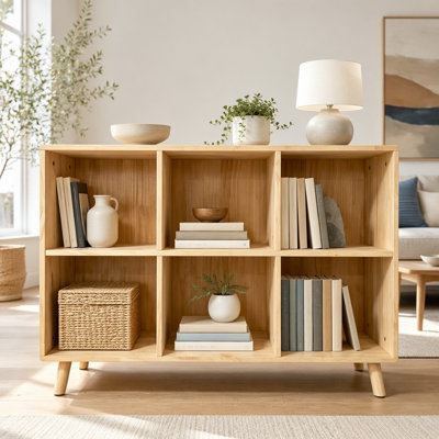 6 Cube Wooden Storage Shelf, Freestanding Open Bookcase with Legs, Natural Solid Wood Cubby Organizer for Living Room, Bedroom, Office, Entryway