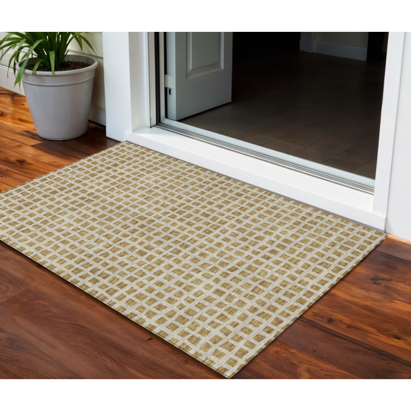 3' X 5' Gold And Beige Geometric Washable Indoor Outdoor Area Rug