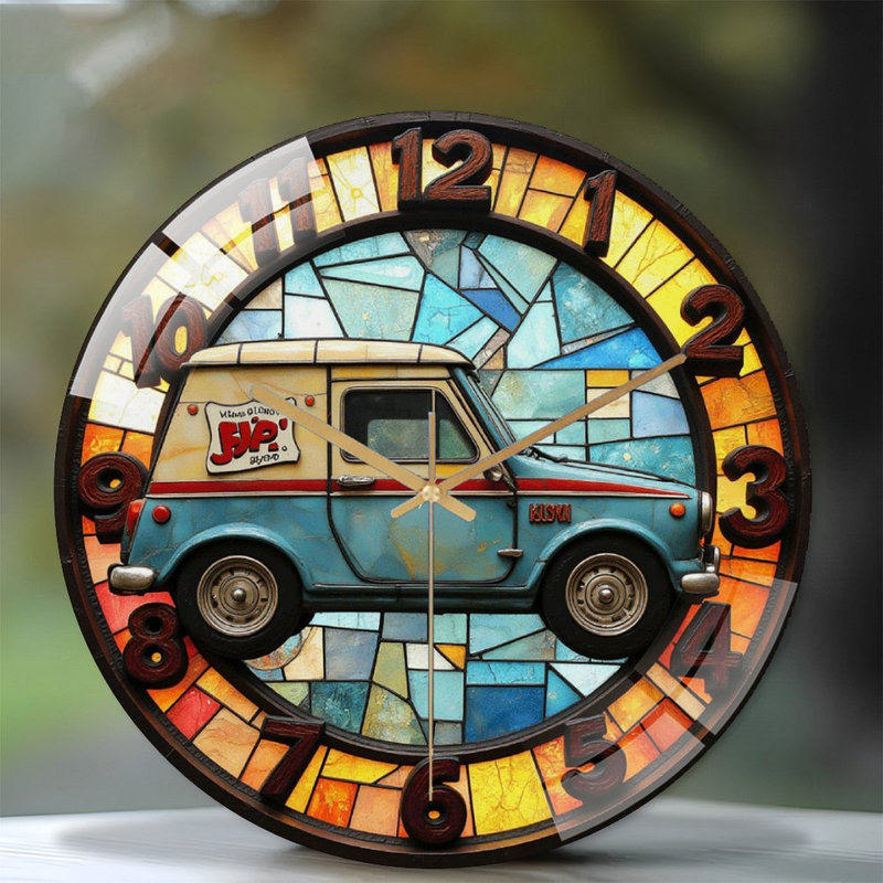 Horloge murale rétro vintage avec art de voiture classique - horloge murale moderne en verre 12 po