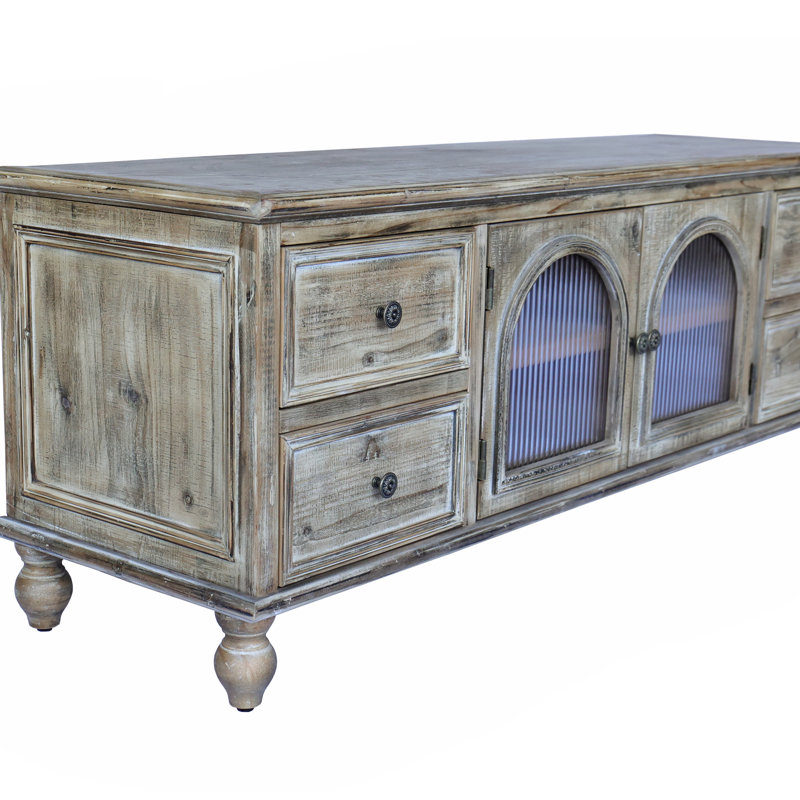 Meuble télé 60 po avec 4 tiroirs et 2 portes en verre, console multimédia en bois rustique, meuble télé patiné