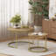 27.6in Nesting Coffee Table Set of 2, Round Coffee Table Wood Marble Pattern Top with Sturdy Metal Frame, End Table Side Tables for Living Room Bedroom Balcony Yard (Brown)