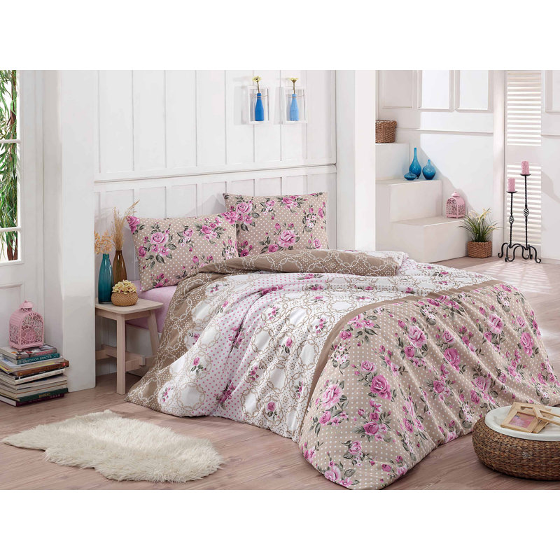 Ensemble de housse de couette 3 pièces en mélange de coton brun / rose / vert Frison