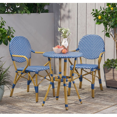 Ensemble français 3 pièces - rotin PE et aluminium d'extérieur, bleu sarcelle foncé et blanc avec finition en bambou, mobilier de patio compact pour petit balcon / jardin, élégant et économique