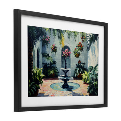 Floral Fountain Courtyard Framed Print Under Glass, design by Franklyn Gregory