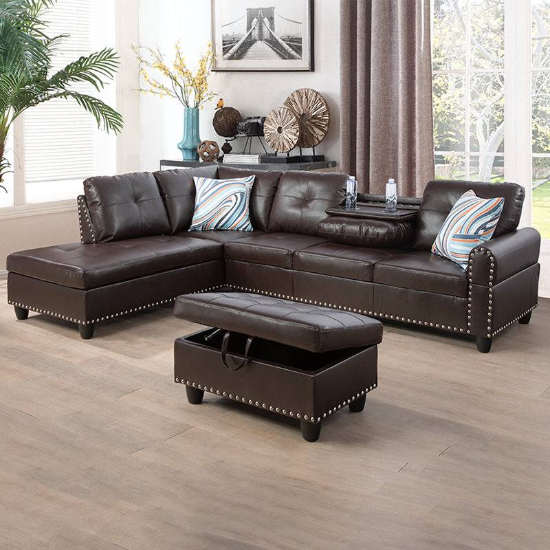 Plyler 97.2" Wide Modular Sectional with Ottoman, Left Hand Facing, Brown Faux Leather