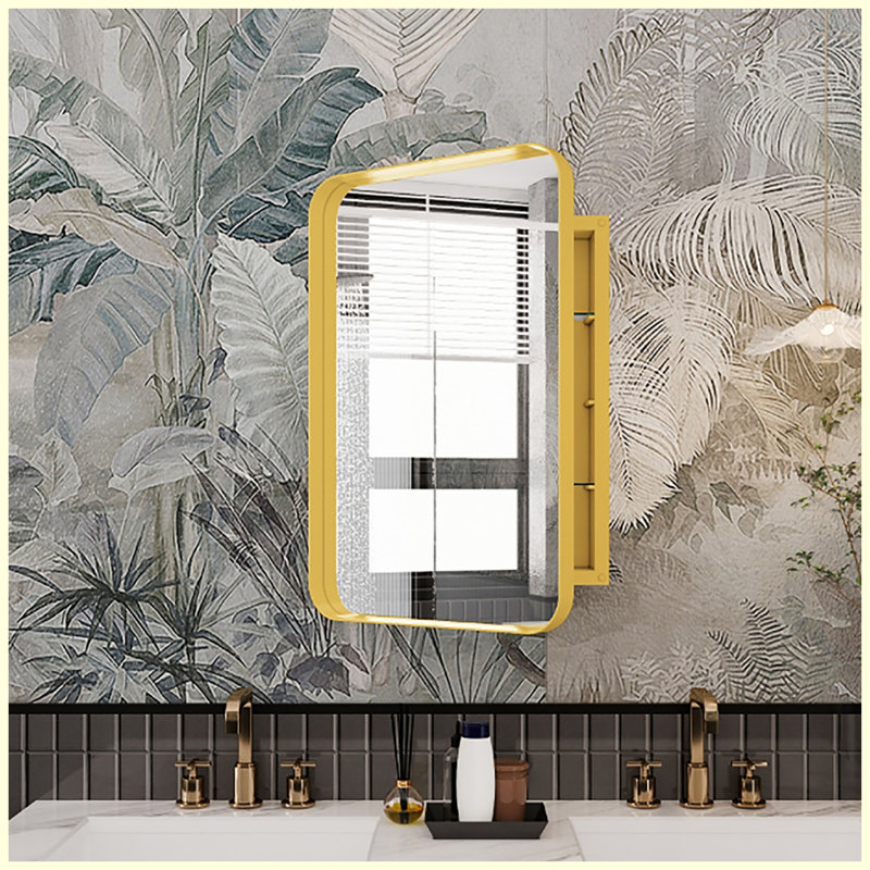 Modern Metal Framed Cabinet with Mirror and Adjustable Shelves, Golden
