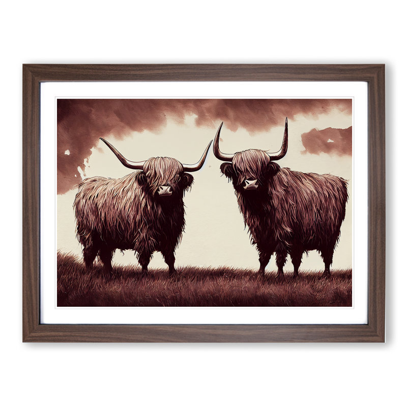 Two Highland Cows Vol.4 - Single Picture Frame Print, 46cm H x 64cm W x 2cm D, Walnut Framed