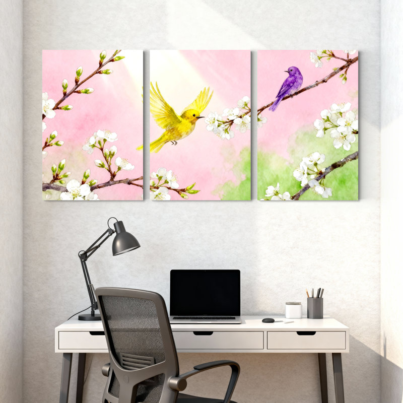 «Birds Spring Birds Cherry Blossoms», ensemble de 3 reproductions d'art sur toile, H 36 po x l 72 po