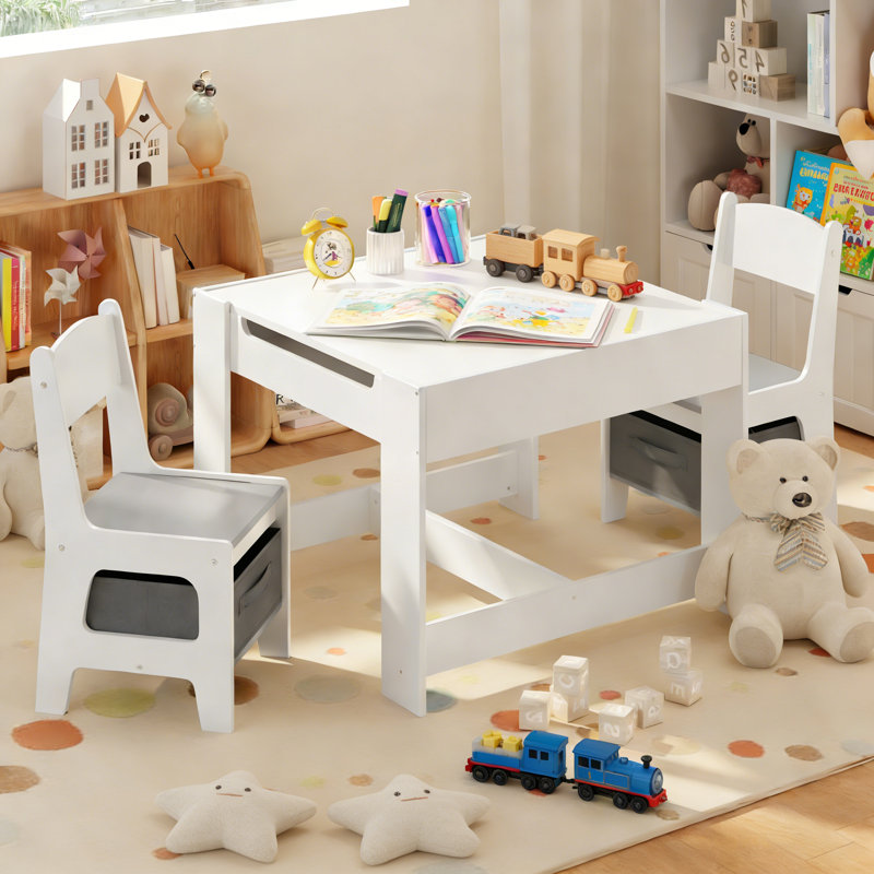 Ensemble multifonctionnel de table et de chaises pour enfants 3 pièces avec plateau amovible, tiroirs de rangement intégrés et tablette ouverte - idéal pour jouer, dessiner, manger et bricoler