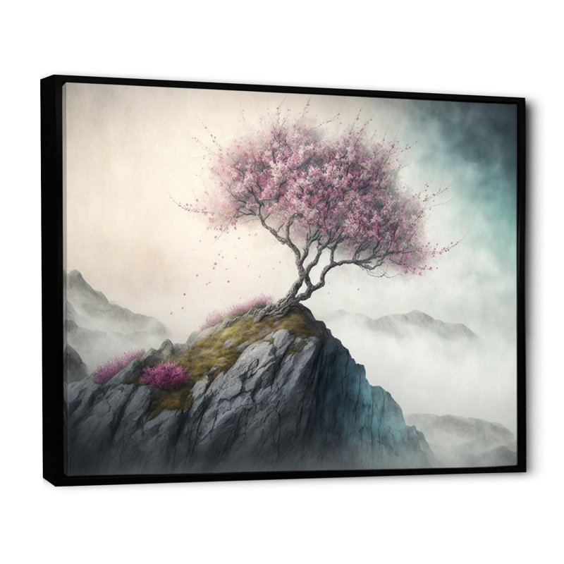 Mountain Top Cherry Blossom V - Art mural moderne sur toile, L 32 po x H 16 po, Cadre photo noir