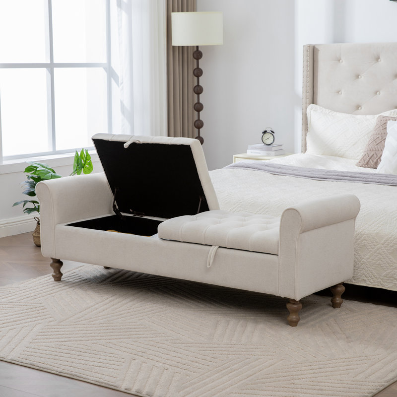 Banc rembourré avec rangement rabattable et accoudoirs, Beige