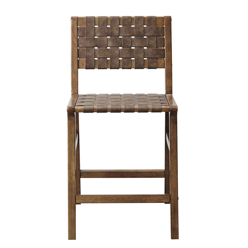 Tabouret de comptoir en similicuir tissé de 24 po de hauteur - structure en bois massif avec des tons de pacane, design Mid-Century, sangles de chaise d'appoint séparées disponibles, pieds en finition, décontracté