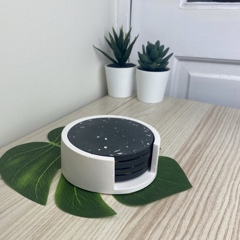 Black Terrazzo Coaster Set with Holder