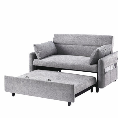 Canapé-lit de 55,1 po avec canapé-lit et dossier amovible, poches de rangement, 2 coussins moelleux, ports USB pour salon, chambre à coucher, appartement, bureau, gris
