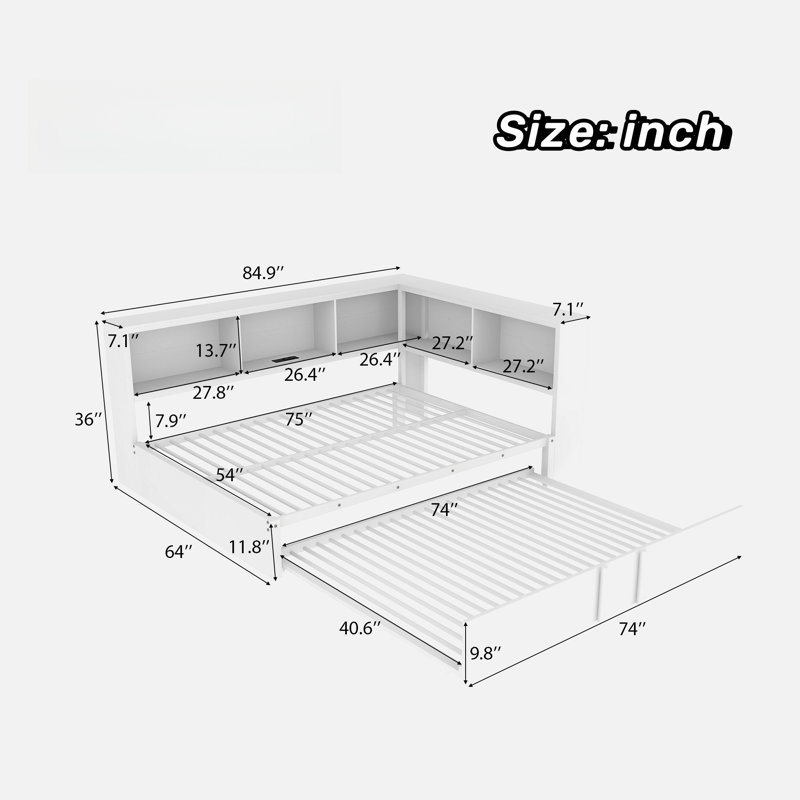 Metal Full Size Daybed With Trundle, Storage Cabinets And Usb Ports, White