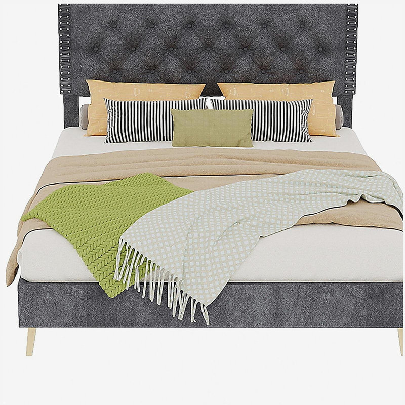 Lit en suède doux - Décorez l'espace de la chambre principale avec une touche douce et paisible. La structure robuste assure un sommeil stable et crée un lieu de repos privé, de taille double, gris.