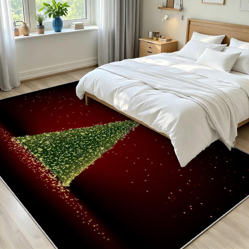 Red Abstract Green Christmas Tree File Light Xmas Machine Washable Indoor Area Rug, Rectangle 71" x 98"