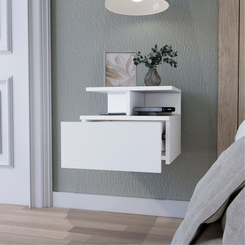 Chambre à coucher blanche 1 table de chevet flottante avec 2 tablettes peu encombrantes et modernes, Blanc