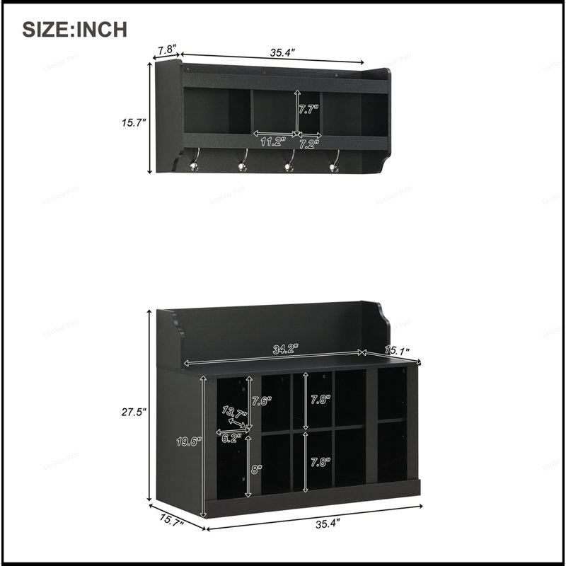 Versatile Shoe Storage Bench with Hooks and Shelves for Organized Entryways, Durable and Stylish Design, Black