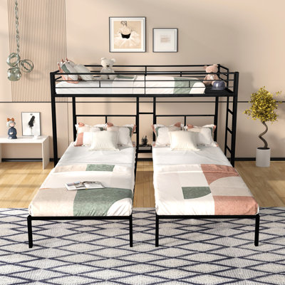 Triple Twin Bunk Bed In Sleek Black Steel With Noise Slats, Extended Top Area, Built-in Side Table, And Safe Access For Vacation Rentals L-shaped Size Metal Structure, Wood Siblings