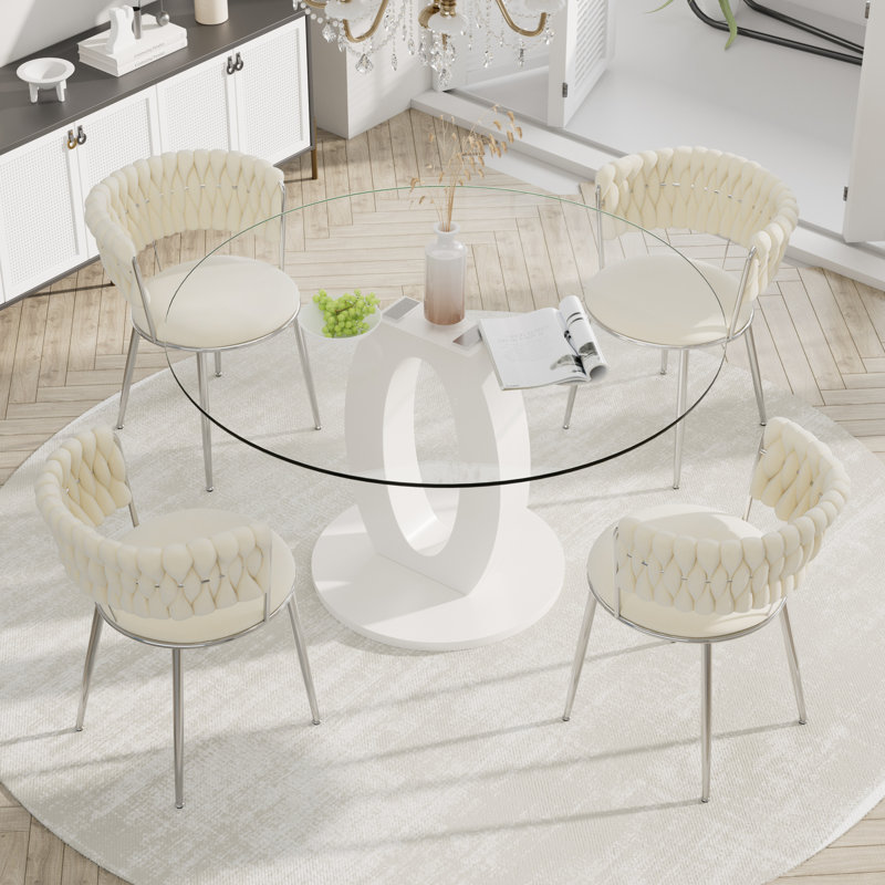 Ensemble de salle à manger à piédestal rond avec chaise de salle à manger en velours ciel, Beige