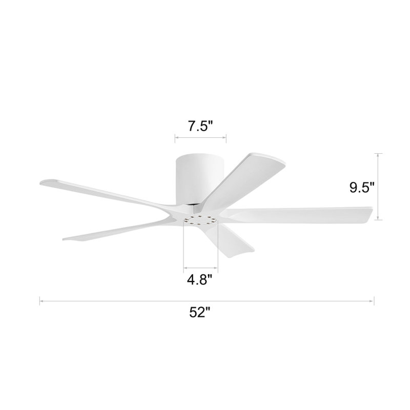 52 In. 5 Solid Wood Blades Indoor Flush Mount Ceiling Fan Without Light, White with White Blades