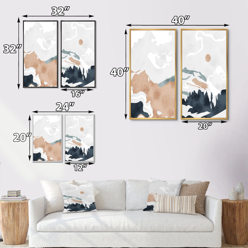 Ensemble de 2 impressions graphiques - Montagne pleine lune dans un paysage abstrait rétro II, H 40 po x l 40 po x P 1,5 po
