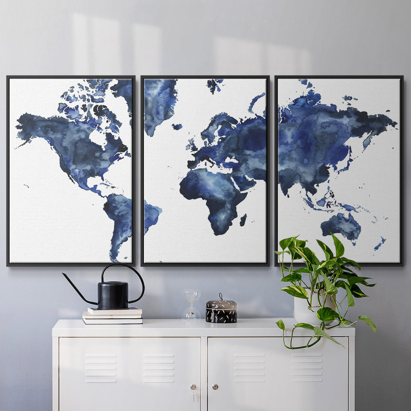 «Water World I», peinture sur toile 3 pièces, H 24 po x l 48 po, Cadre noir