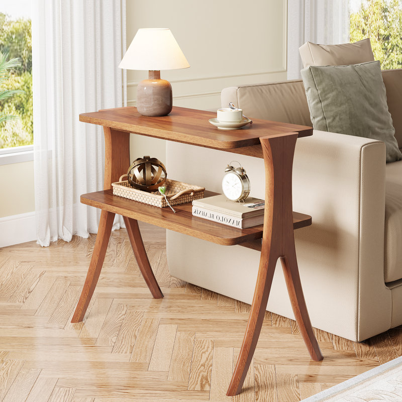 Table d'appoint de 24,6 po de hauteur avec tablettes de rangement à 2 niveaux et pieds en bois massif (1 PCS), Noyer, 1