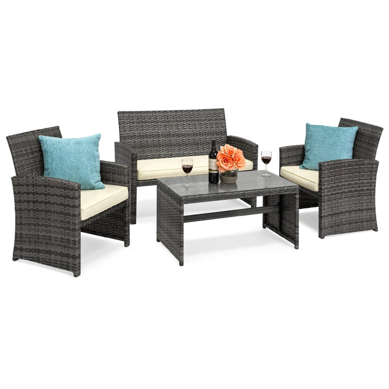 4-Piece Outdoor Wicker Patio Conversation Furniture Set w/ Table, Cushions, Cream/Gray