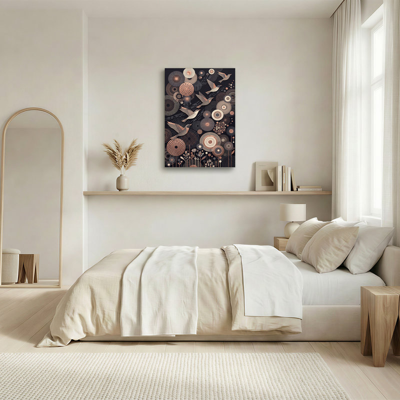 Quatre oiseaux cuivrés survolant des cercles floraux abstraits, art mural sur toile, 36"H x 24"W