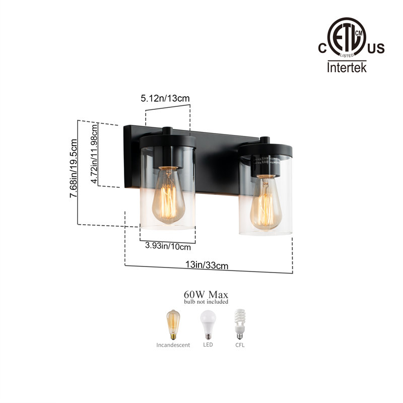 Luminaire de meuble-lavabo 3 lumières Cleofas avec abat-jour en verre transparent, Noir mat, Deux lumières