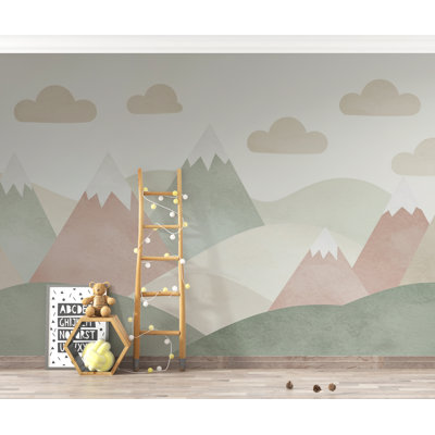 Whimsical Mountain Nursery Wallpaper – Pastel Watercolor Hills & Clouds, Gender Neutral Baby Room Wall Decor 297DRE