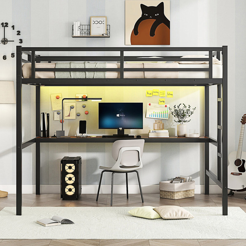 Metal  Loft Bed  with Power Outlet and LED Lighted, Space-Saving, Noise Reduced, Black, Full / Double