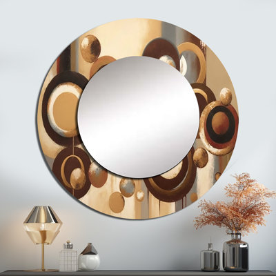 Aged Barrel Universes V - miroir décoratif abstrait, grand miroir mural rond brun, impression d'art en métal