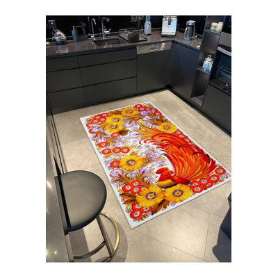 Tapis orange lavable décoratif floral moderne orange