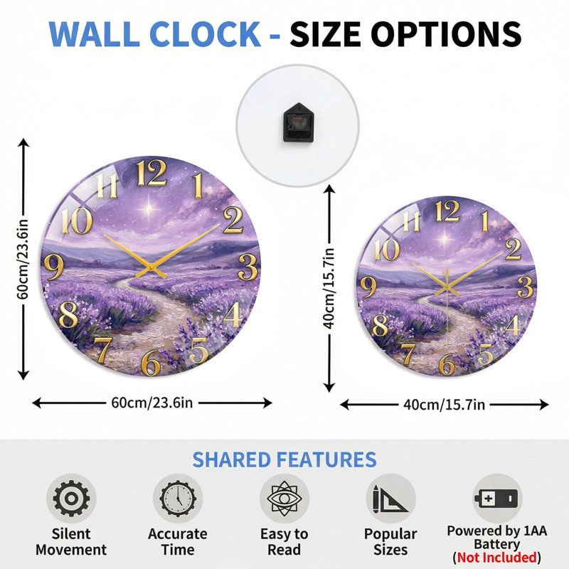 Horloge murale lavande, 40 x 40 cm (15,7 x 15,7 pouces)