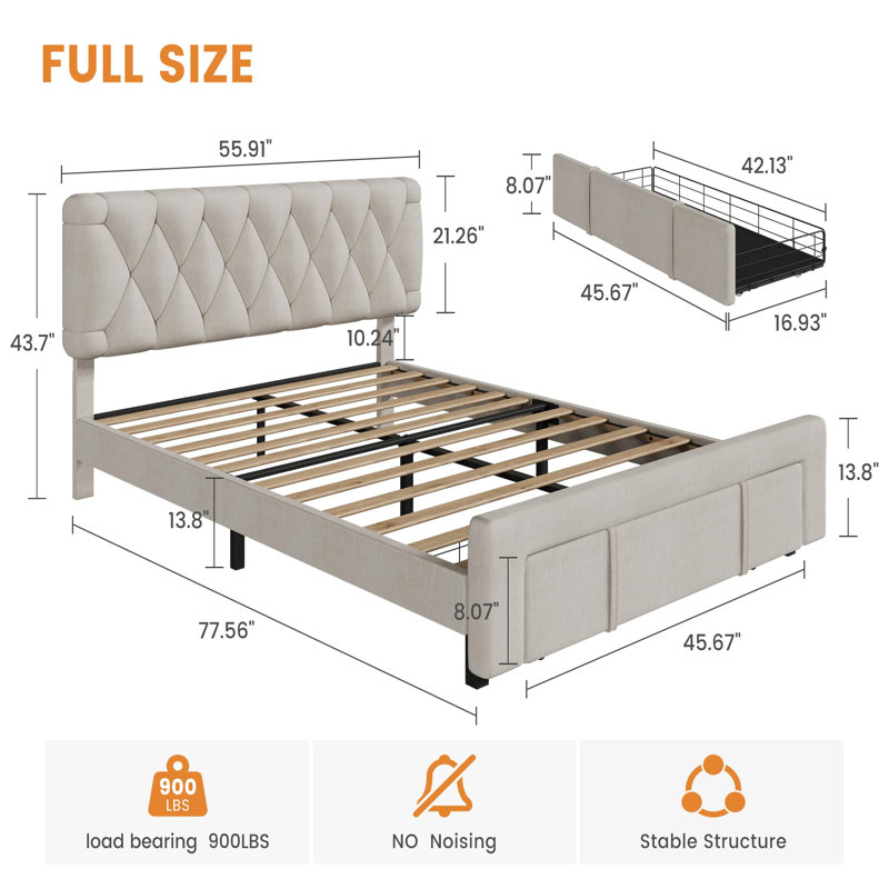 Cadre de lit avec 2 tiroirs de rangement, cadre de lit plateforme tapissier, Complète, Beige