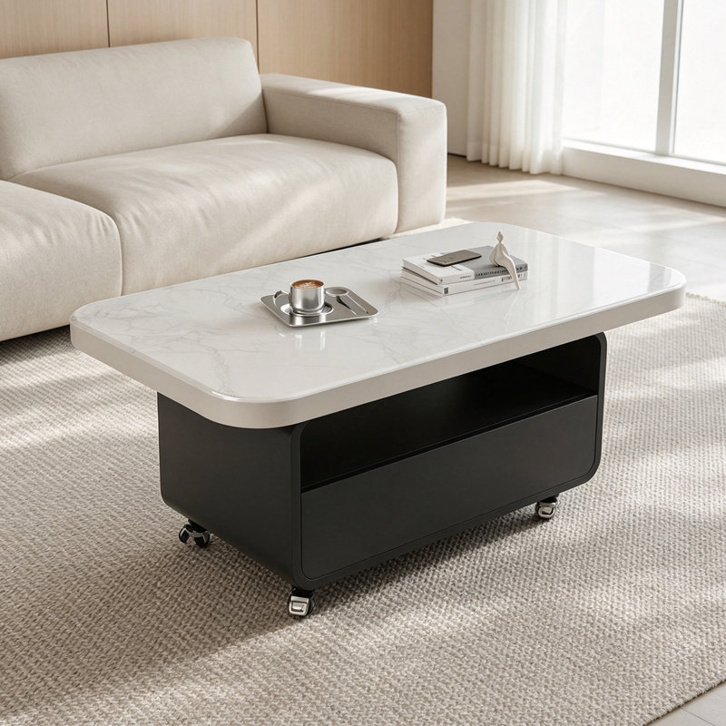 Table basse mobile moderne avec rangement en verre trempé, H 18,5 po x l 47,24 po x P 23,62 po, Blanc/Noir, Marbre