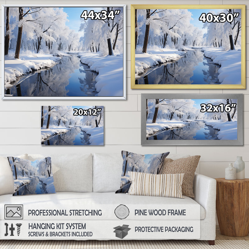 Winter Snowy Serenity V - Décoration murale paysages, H 16 po x l 32 po x P 1 po, Cadre naturel flottant