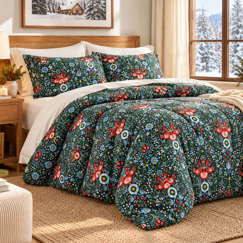Ensemble d'édredon et de taie décorative en duvet Christmas, Édredon pour grand lit + 2 taies décoratives, Cardinal Garden