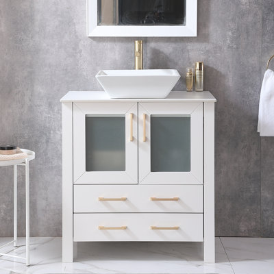 30"" Matte White Modern Free-standing 2-drawer & 2-door Vessel Sink Bathroom Vanity Set -  Mercer41, 1E656943DE634D1FA8F8DA38DD77D554