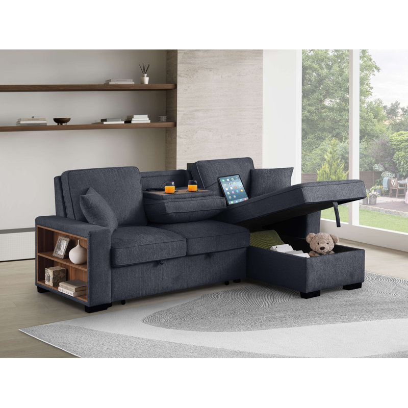 Modern Sleeper Sofa With Pull Out Bed & Storage Chaise, Dark Gray Chenille