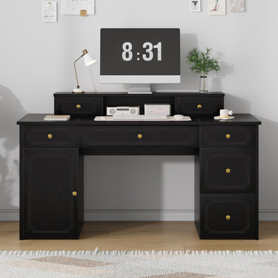 Catrimown Desk with 7 Drawers, 54 Inch Computer Desk with Hutch and Cabinet for Work Writing Study, Vanity Desk with Golden Handle 