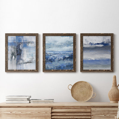 «Soft Solace Indigo», ensemble de 3 peintures sur toile encadrées