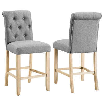 Tabourets de comptoir, de 2 en gris - Bouton et dossier de cuisine de salle à manger rembourré en bois, structure solide, pour