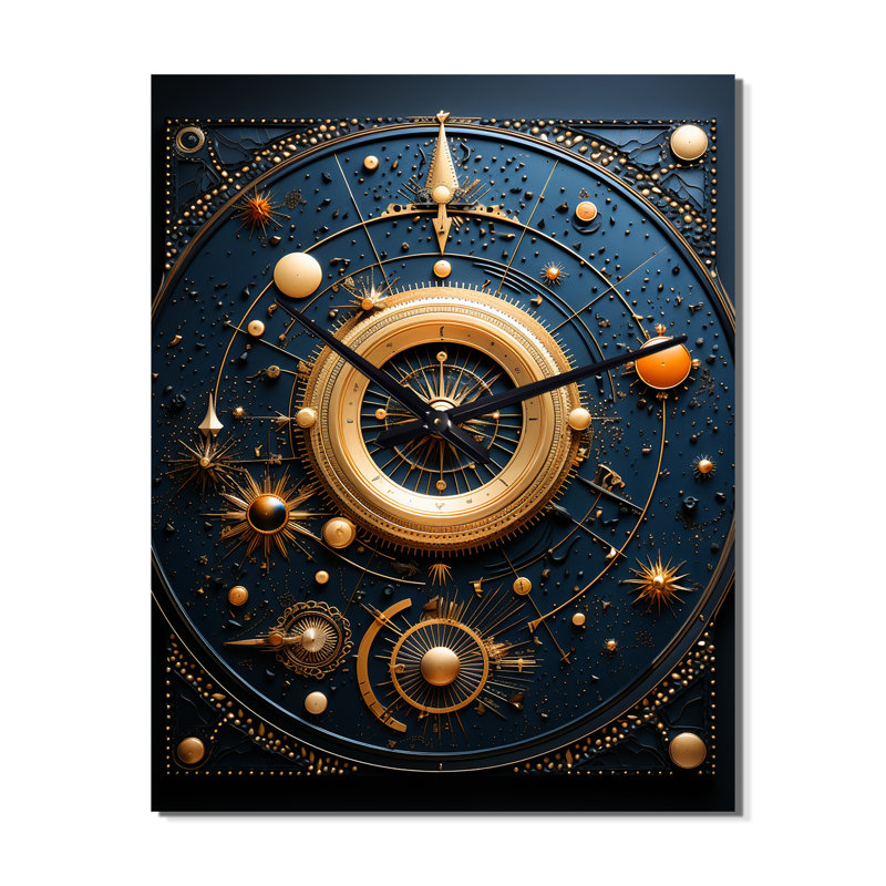 Horloge murale abstraite Arcanes Visions en or et bleu sarcelle II, H 40 po x l 30 po x P 1 po
