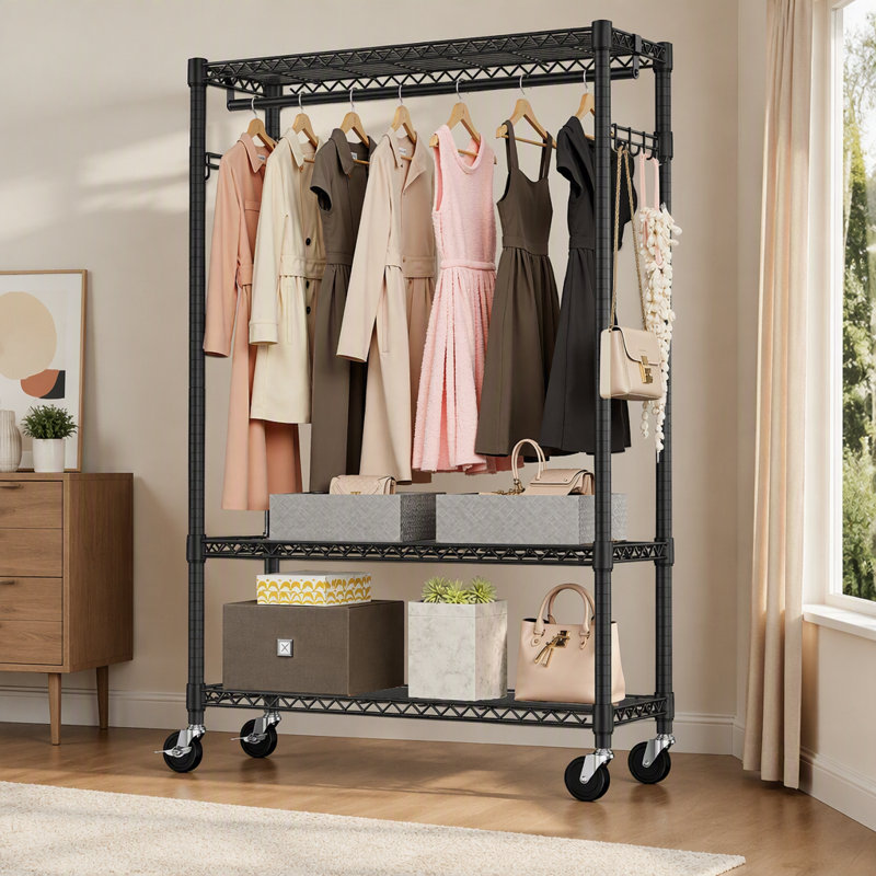 Rolling Garment Rack, Three Tier Adjustable Wire Shelving with Hanging Rod and Side Hooks, Black