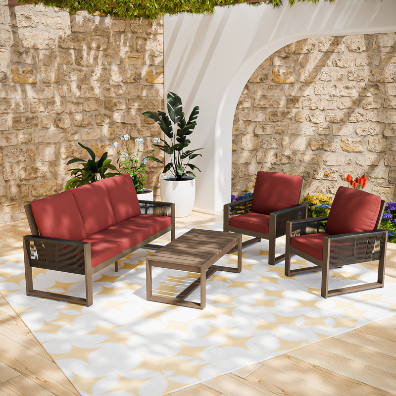 5-Person Brown Cedar Wood Gray Wicker Patio Outdoor Sofa Seating Group with Olefin Cushions, Rectangle Coffee Table, Red