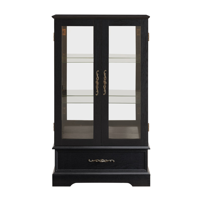 Vitrine lumineuse en verre avec tablettes réglables - Vitrine à 2 portes avec dossier en miroir et tiroir de rangement, Yes